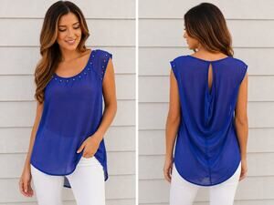 Chloe K Royal Blue Studded Semi Sheer Blouse Top Small
